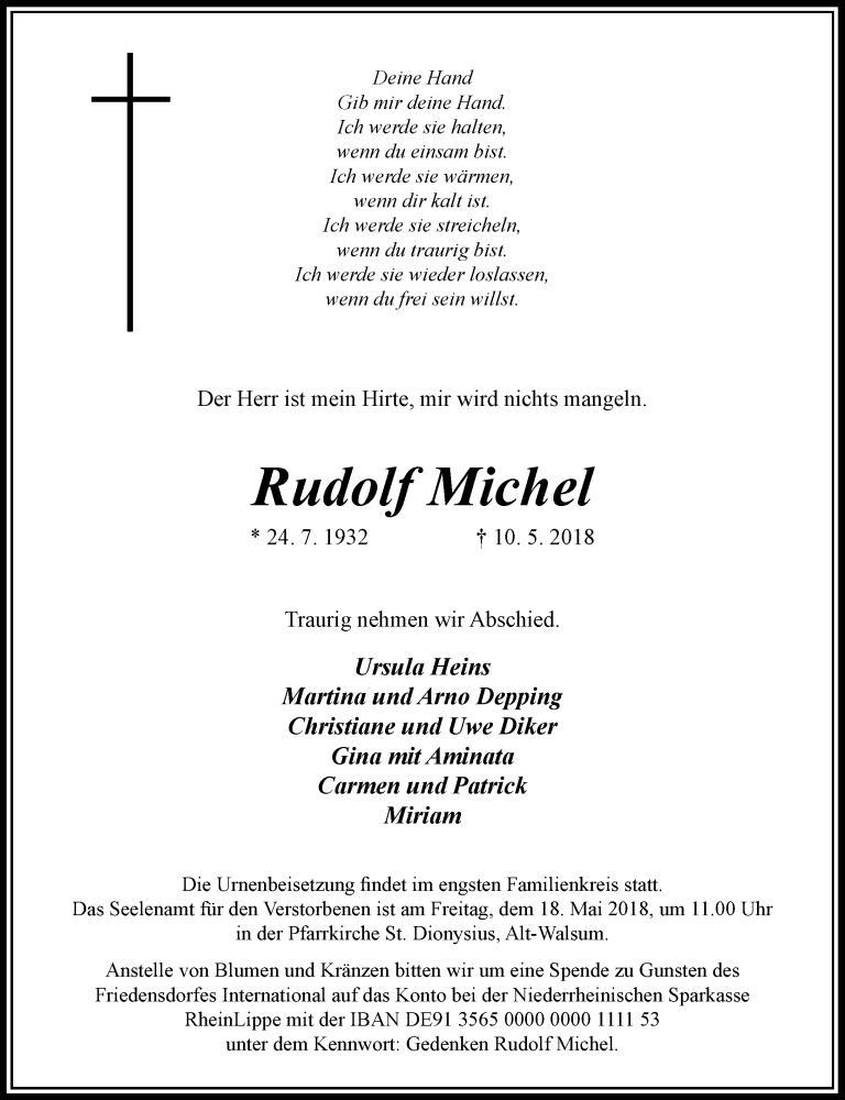  Traueranzeige für Rudolf Michel vom 15.05.2018 aus Rheinische Post