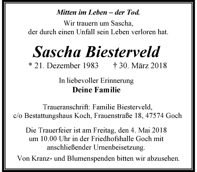  Traueranzeige für Sascha Biesterveld vom 03.05.2018 aus Rheinische Post
