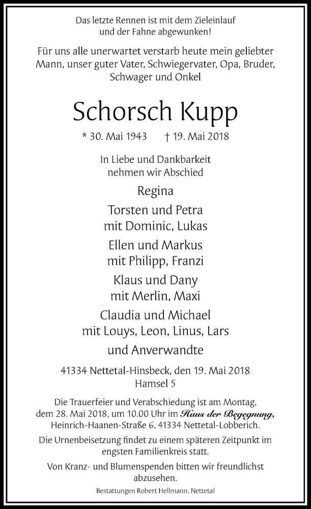  Traueranzeige für Schorsch Kupp vom 23.05.2018 aus Rheinische Post