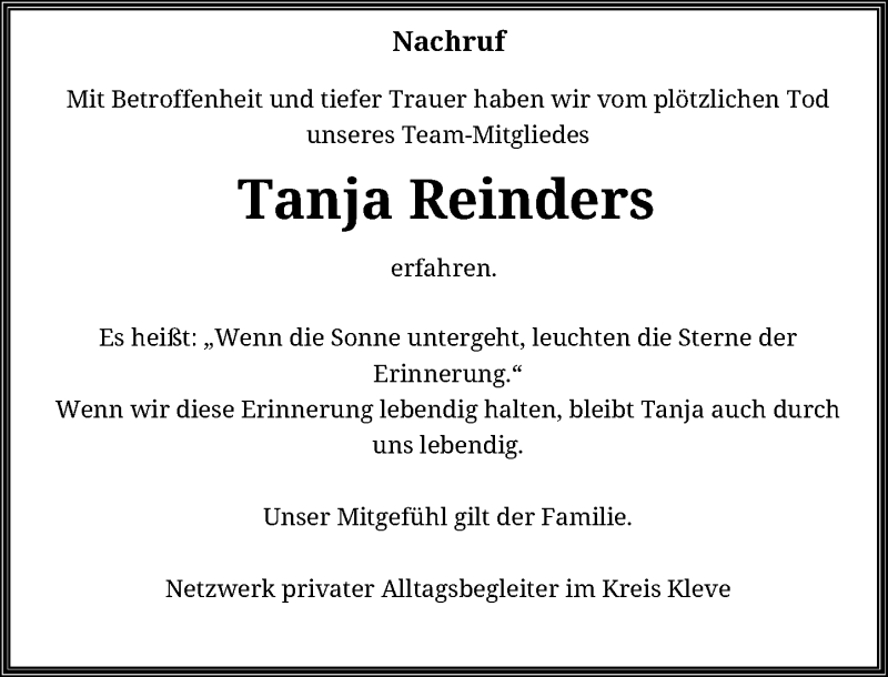  Traueranzeige für Tanja Reinders vom 12.05.2018 aus Rheinische Post