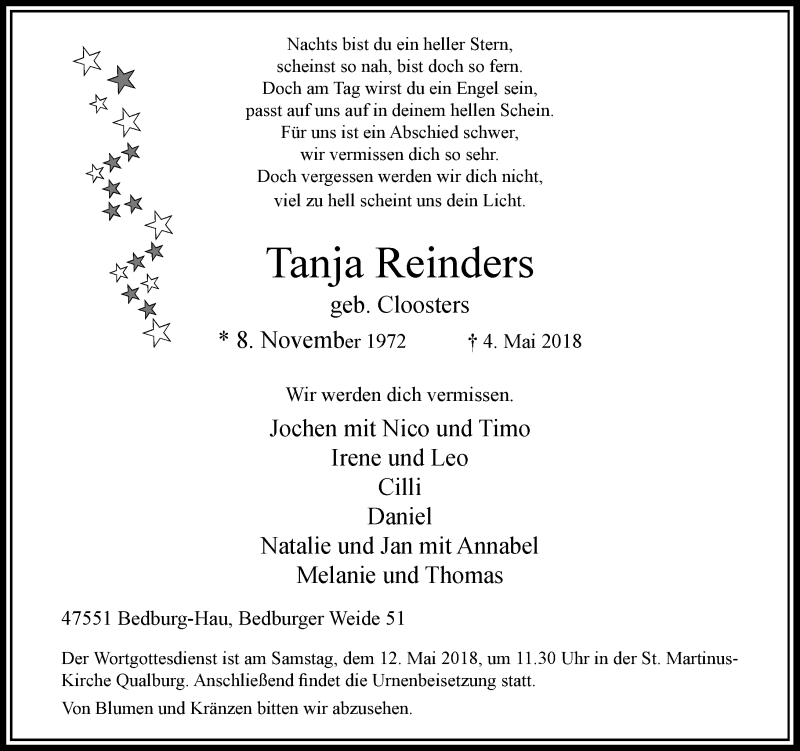  Traueranzeige für Tanja Reinders vom 08.05.2018 aus Rheinische Post