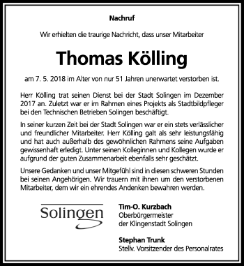 Traueranzeige von Thomas Kölling von Rheinische Post