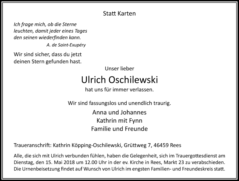  Traueranzeige für Ulrich Oschilewski vom 12.05.2018 aus Rheinische Post