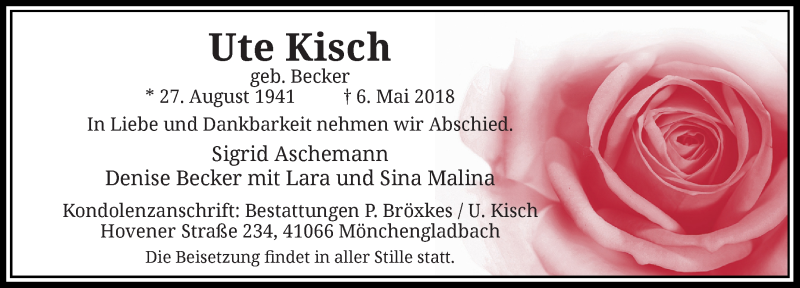  Traueranzeige für Ute Kisch vom 12.05.2018 aus Rheinische Post