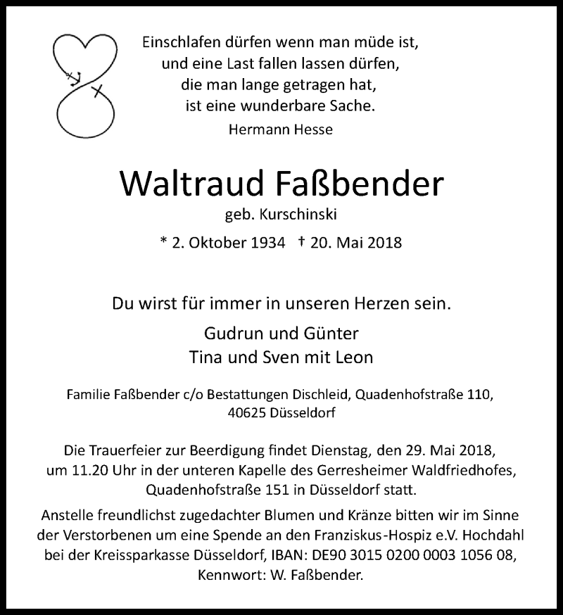  Traueranzeige für Waltraud Faßbender vom 26.05.2018 aus Rheinische Post