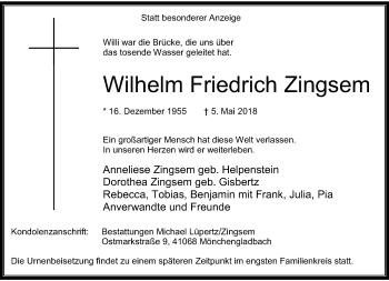 Traueranzeige von Wilhelm Friedrich Zingsem von Rheinische Post