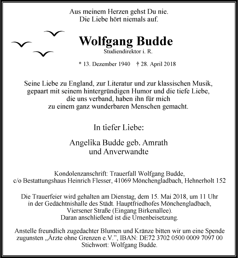  Traueranzeige für Wolfgang Budde vom 05.05.2018 aus Rheinische Post