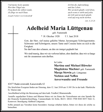 Traueranzeige von Adelheid Maria Lüttgenau von Rheinische Post