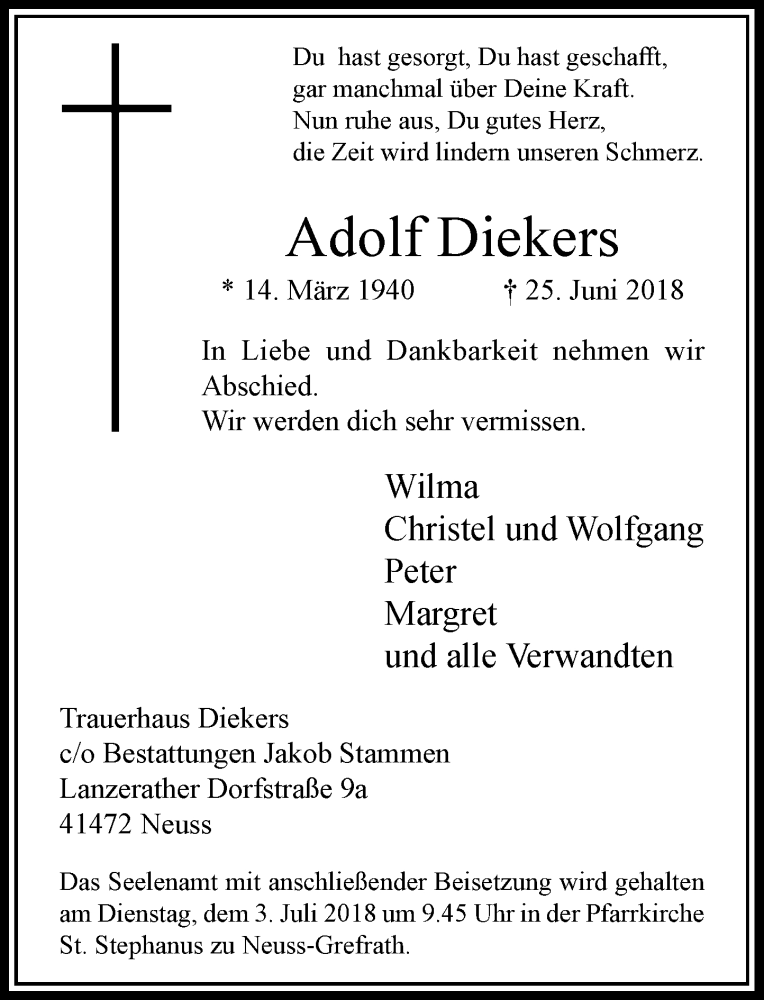  Traueranzeige für Adolf Diekers vom 30.06.2018 aus Rheinische Post