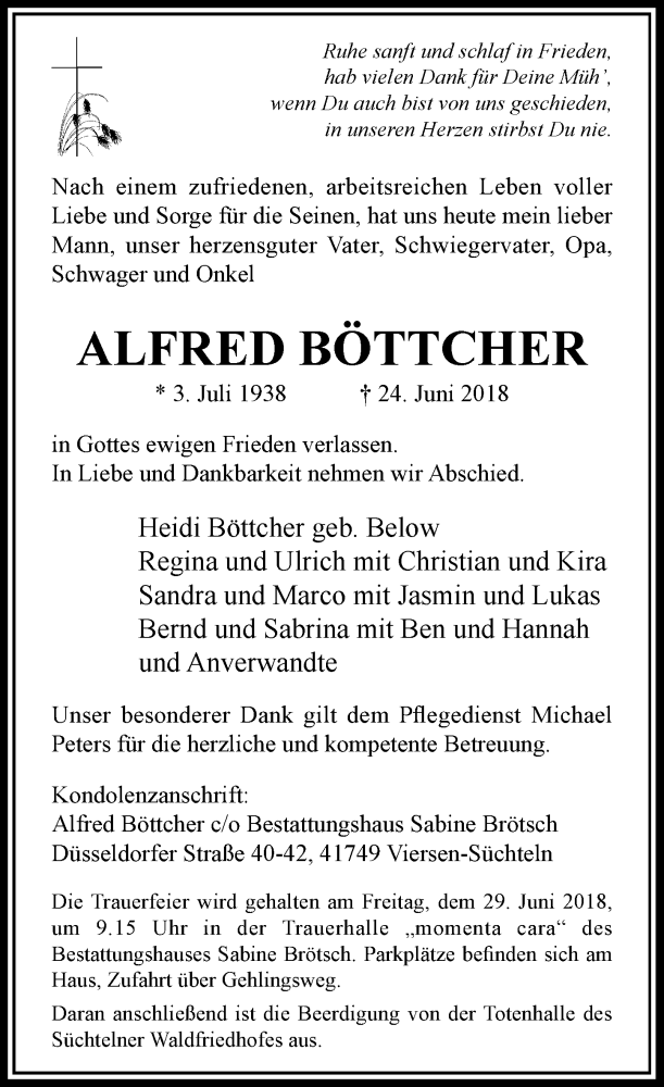  Traueranzeige für Alfred Böttcher vom 27.06.2018 aus Rheinische Post
