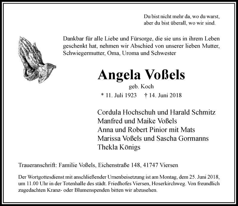  Traueranzeige für Angela Voßels vom 20.06.2018 aus Rheinische Post