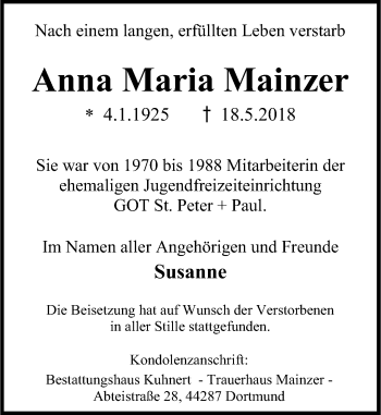Traueranzeige von Anna Maria Mainzer von Rheinische Post