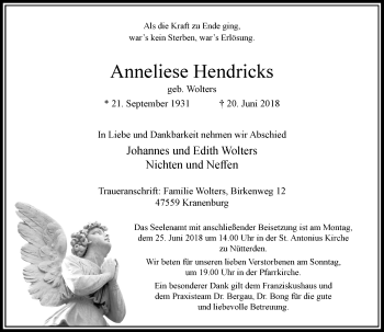 Traueranzeige von Anneliese Hendricks von Rheinische Post