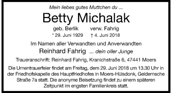 Traueranzeige von Betty Michalak von Rheinische Post