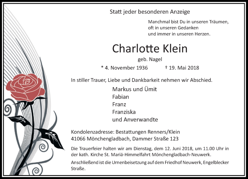  Traueranzeige für Charlotte Klein vom 02.06.2018 aus Rheinische Post
