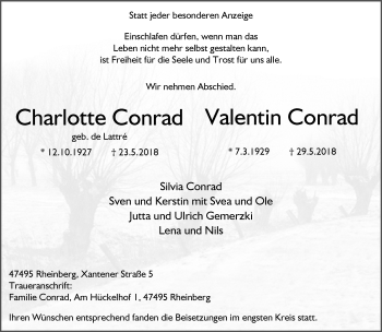 Traueranzeige von Charlotte und Valentin Conrad von Rheinische Post