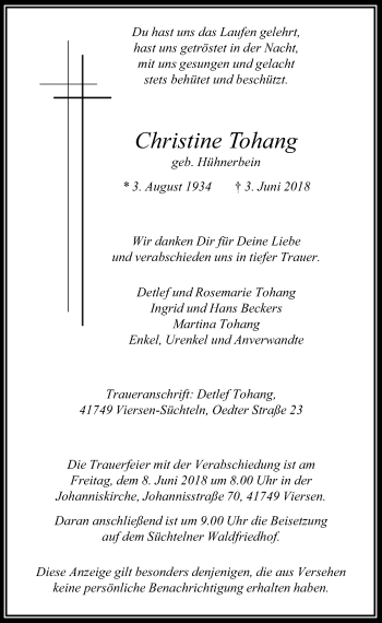 Traueranzeige von Christine Tohang von Rheinische Post