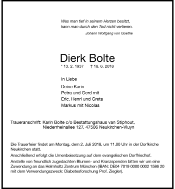 Traueranzeige von Dierk Bolte von Rheinische Post