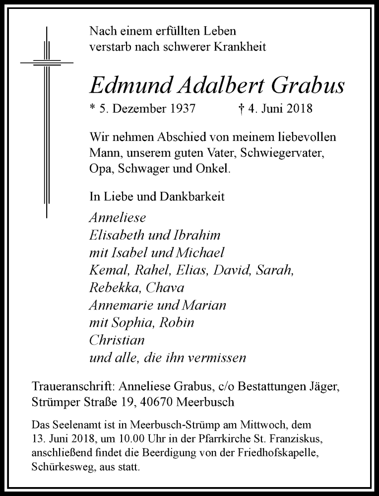  Traueranzeige für Edmund Adalbert Grabus vom 09.06.2018 aus Rheinische Post