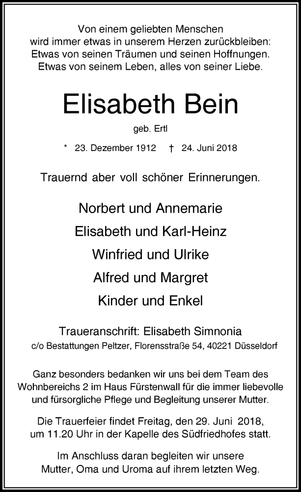  Traueranzeige für Elisabeth Bein vom 27.06.2018 aus Rheinische Post