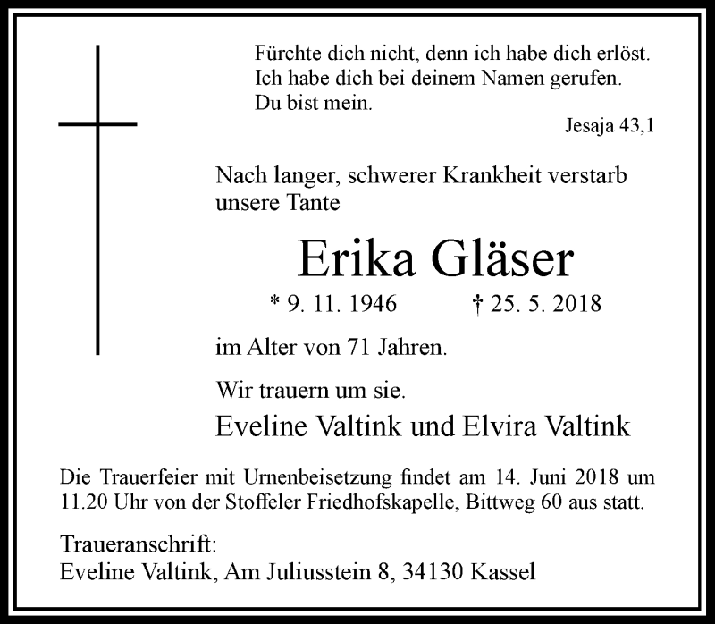  Traueranzeige für Erika Gläser vom 09.06.2018 aus Rheinische Post