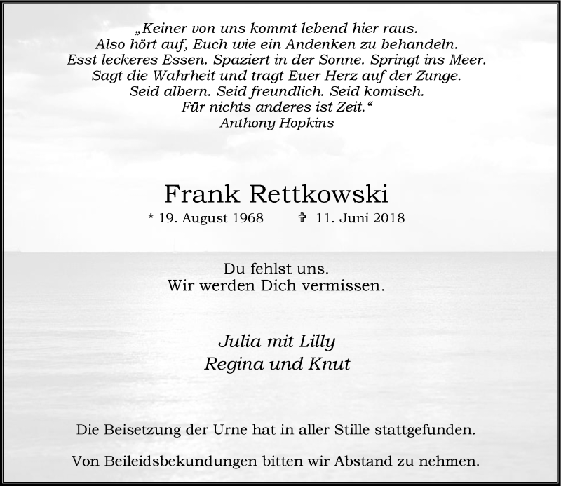  Traueranzeige für Frank Rettkowski vom 16.06.2018 aus Rheinische Post