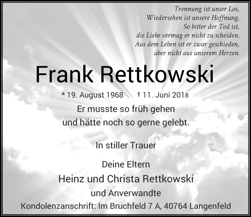  Traueranzeige für Frank Rettkowski vom 23.06.2018 aus Rheinische Post