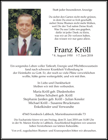 Traueranzeige von Franz Kröll von Rheinische Post