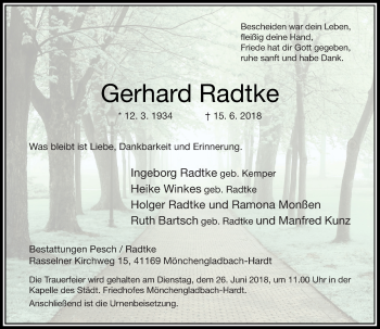 Traueranzeige von Gerhard Radtke von Rheinische Post