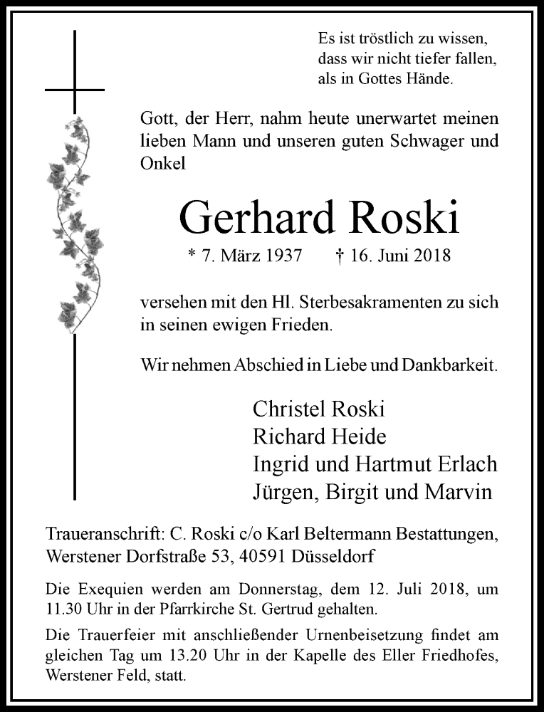  Traueranzeige für Gerhard Roski vom 30.06.2018 aus Rheinische Post