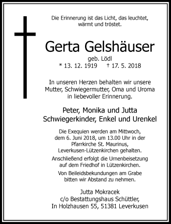 Traueranzeige von Gerta Gelshäuser von Rheinische Post