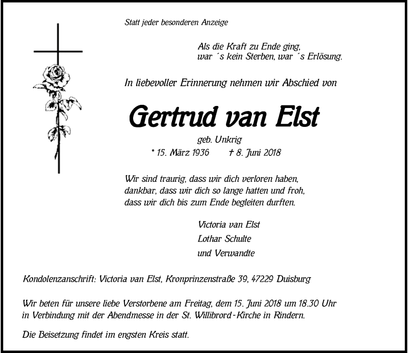  Traueranzeige für Gertrud van Elst vom 12.06.2018 aus Rheinische Post