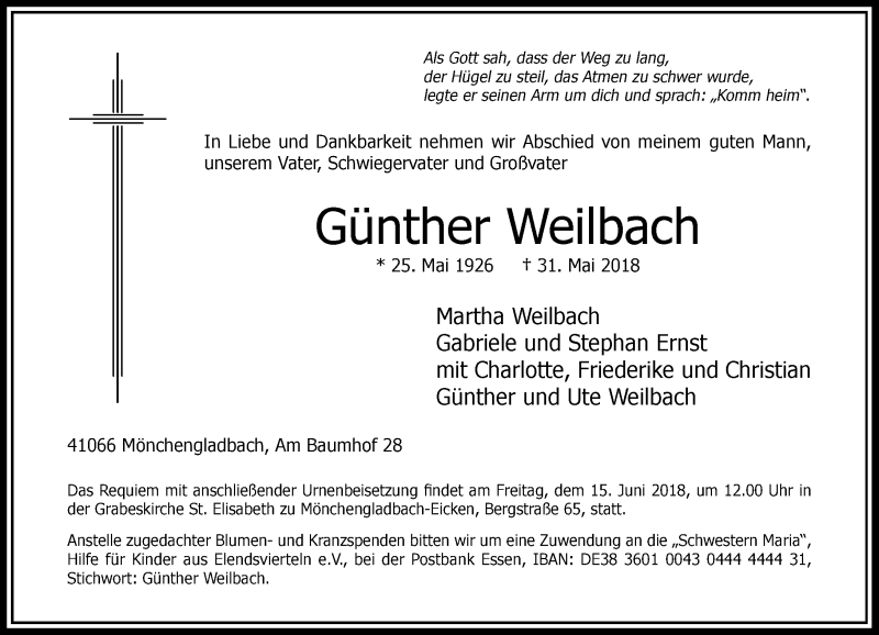  Traueranzeige für Günther Weilbach vom 09.06.2018 aus Rheinische Post