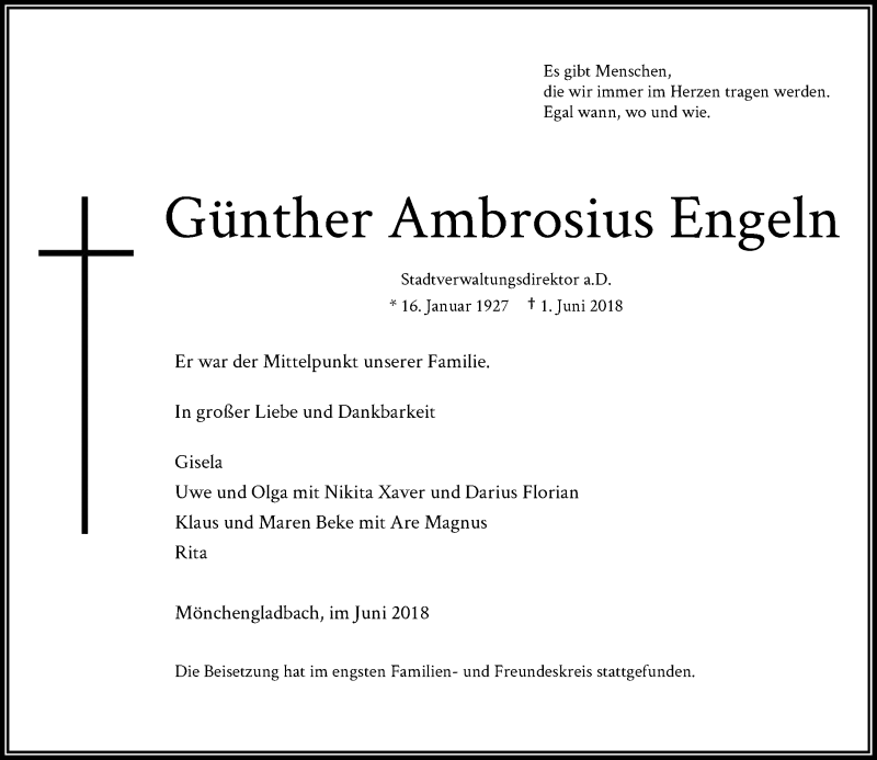  Traueranzeige für Günther Ambrosius Engeln vom 23.06.2018 aus Rheinische Post