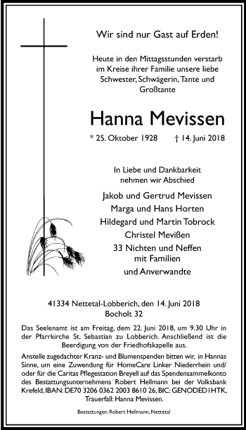 Traueranzeige von Hanna Mevissen von Rheinische Post