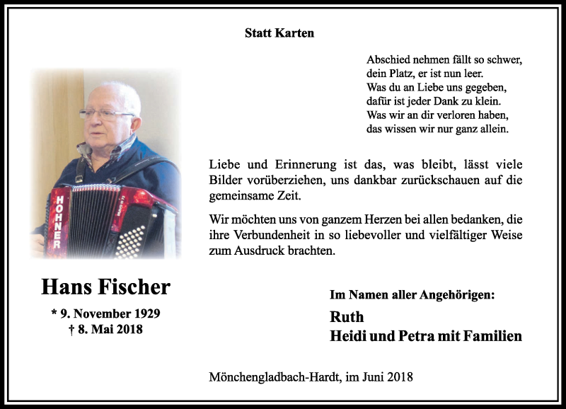  Traueranzeige für Hans Fischer vom 16.06.2018 aus Rheinische Post