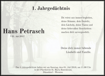 Traueranzeige von Hans Petrasch von Rheinische Post