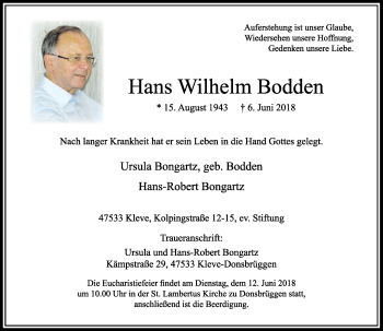 Traueranzeige von Hans Wilhelm Bodden von Rheinische Post