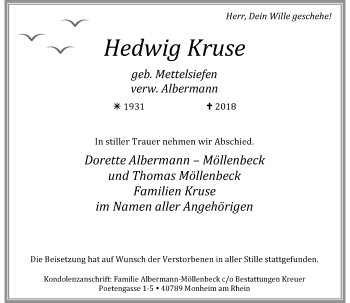 Traueranzeige von Hedwig Kruse von Rheinische Post