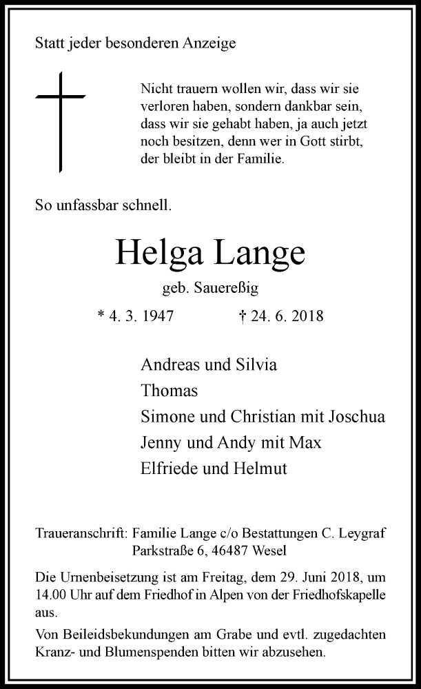 Traueranzeige für Helga Lange vom 27.06.2018 aus Rheinische Post