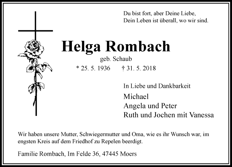  Traueranzeige für Helga Rombach vom 08.06.2018 aus Rheinische Post