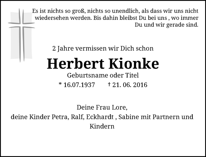  Traueranzeige für Herbert Kionke vom 21.06.2018 aus Rheinische Post