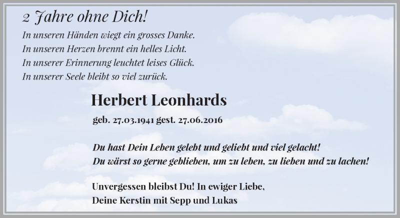  Traueranzeige für Herbert  Leonhards vom 27.06.2018 aus Rheinische Post