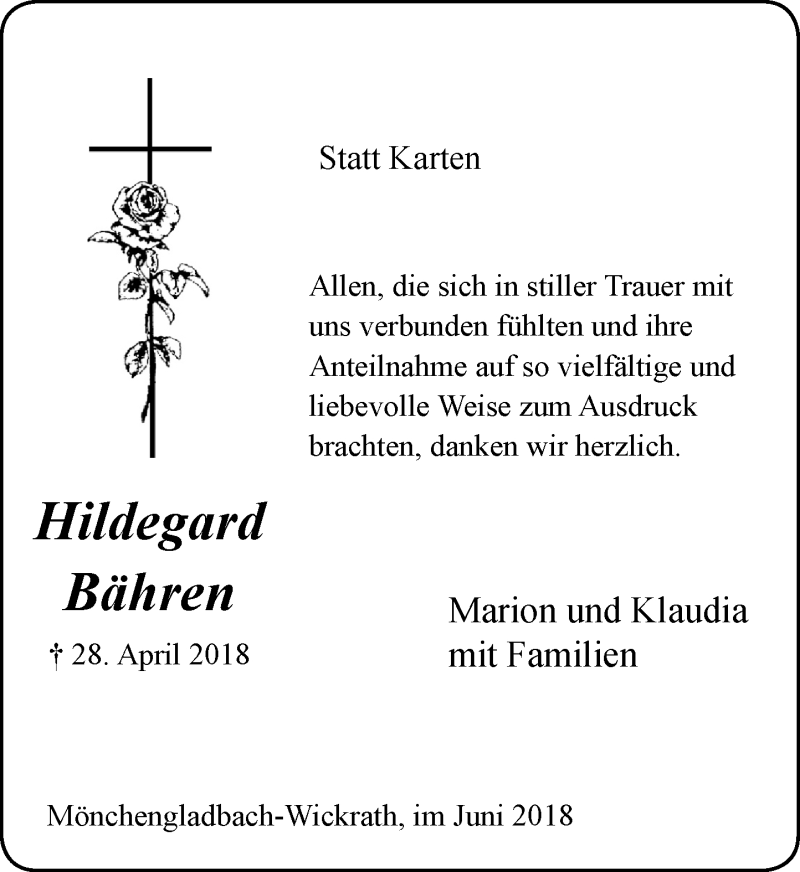  Traueranzeige für Hildegard Bähren vom 09.06.2018 aus Rheinische Post
