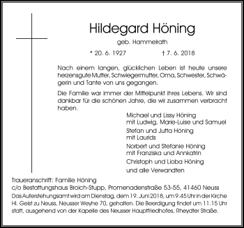 Traueranzeige von Hildegard Höning von Rheinische Post