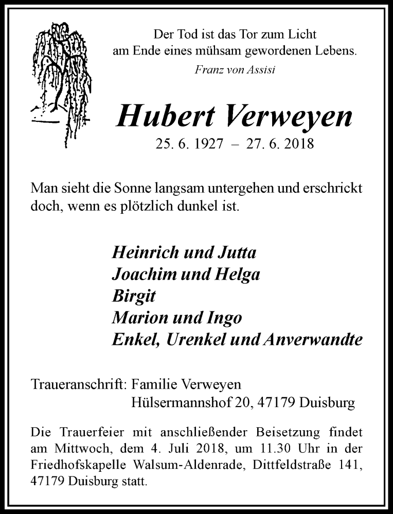  Traueranzeige für Hubert Verweyen vom 29.06.2018 aus Rheinische Post