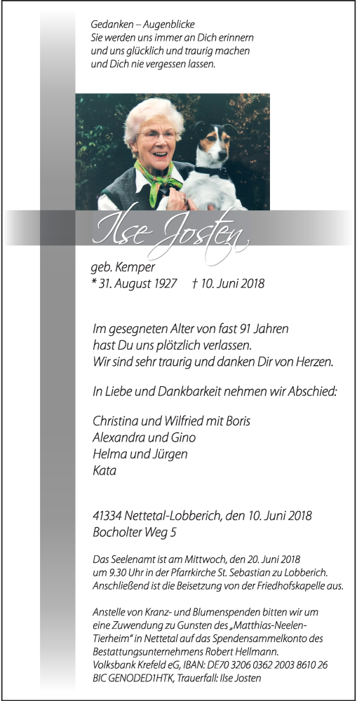  Traueranzeige für Ilse Josten vom 13.06.2018 aus Rheinische Post