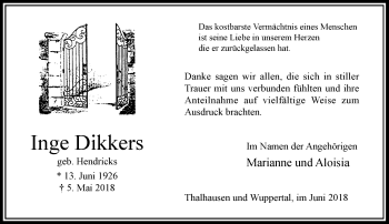 Traueranzeige von Inge Dikkers von Rheinische Post