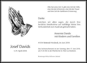 Traueranzeige von Josef Davids von Rheinische Post