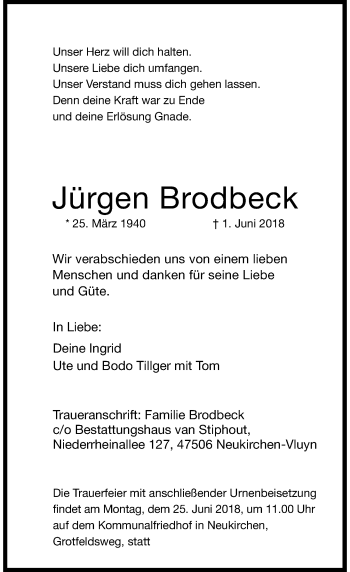 Traueranzeige von Jürgen Brodbeck von Rheinische Post